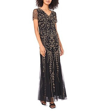 Pisarro Nights Petite Size V-Neck Short Sleeve Godet Skirt Beaded Column Gown - 4P | Dillard's