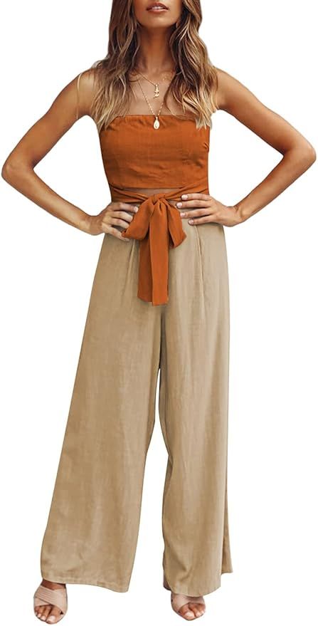 Fixmatti Women Off Shoulder Jumpsuit Wide Leg Tie Waist Long Pants Rompers Playsuit | Amazon (US)