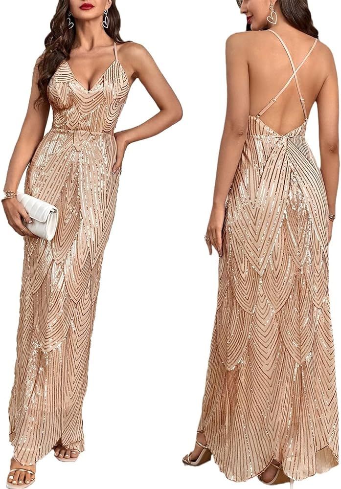 Women's V Neck Spaghetti Straps Sequin Sparkly Glitter Irregular Hem Prom Dress Bcakless Maxi Eve... | Amazon (US)