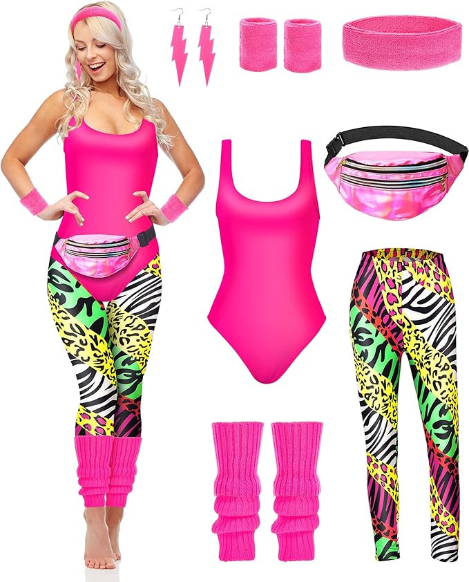 7 Pcs 80s Workout Costume 80s Accessories Set 80s 90s Leotard Legging Headband Wristbands Leg War... | Amazon (US)