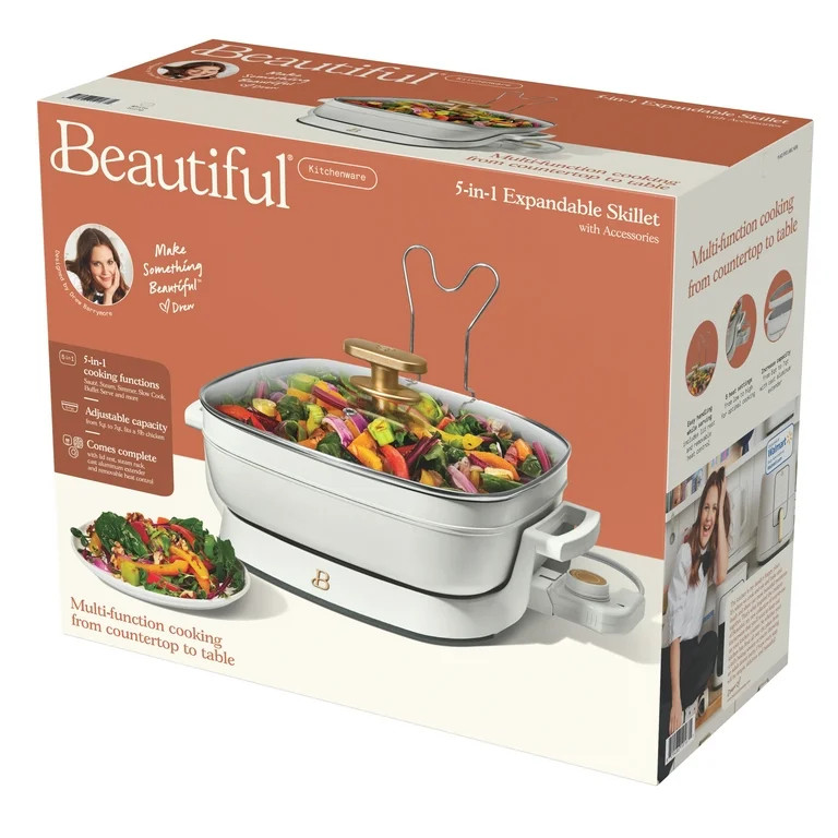 Beautiful 5 in 1 Electric Skillet - Expandable up to 7 Qt with Glass Lid, White Icing by Drew Bar... | Walmart (US)