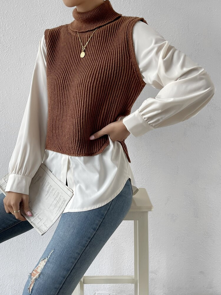 Turtleneck Curved Hem 2 In 1 Sweater | SHEIN