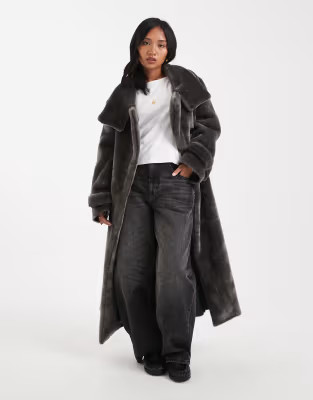 ASOS DESIGN Petite longline cozy teddy funnel neck coat in charcoal | ASOS | ASOS (Global)