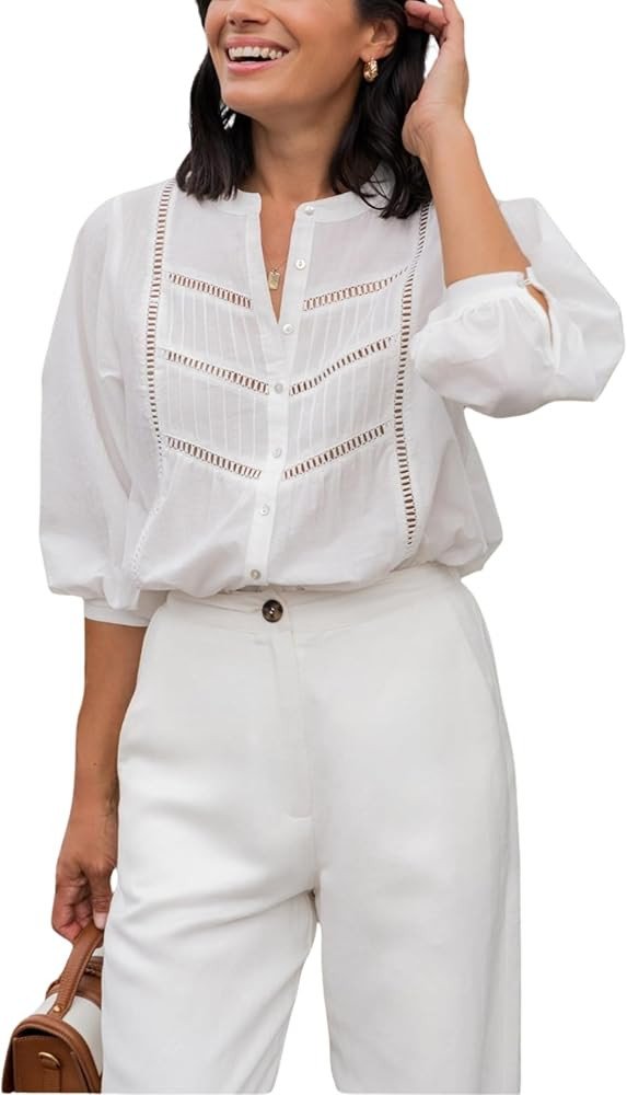 EsheSy Women's Button Down Shirts Lace Blouses Bracelet Sleeves Round Neck Loose Pleated Cotton T... | Amazon (US)