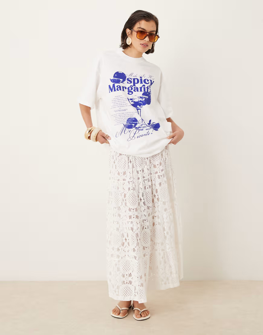 ASOS DESIGN premium tiered textured lace maxi skirt in white | ASOS (Global)