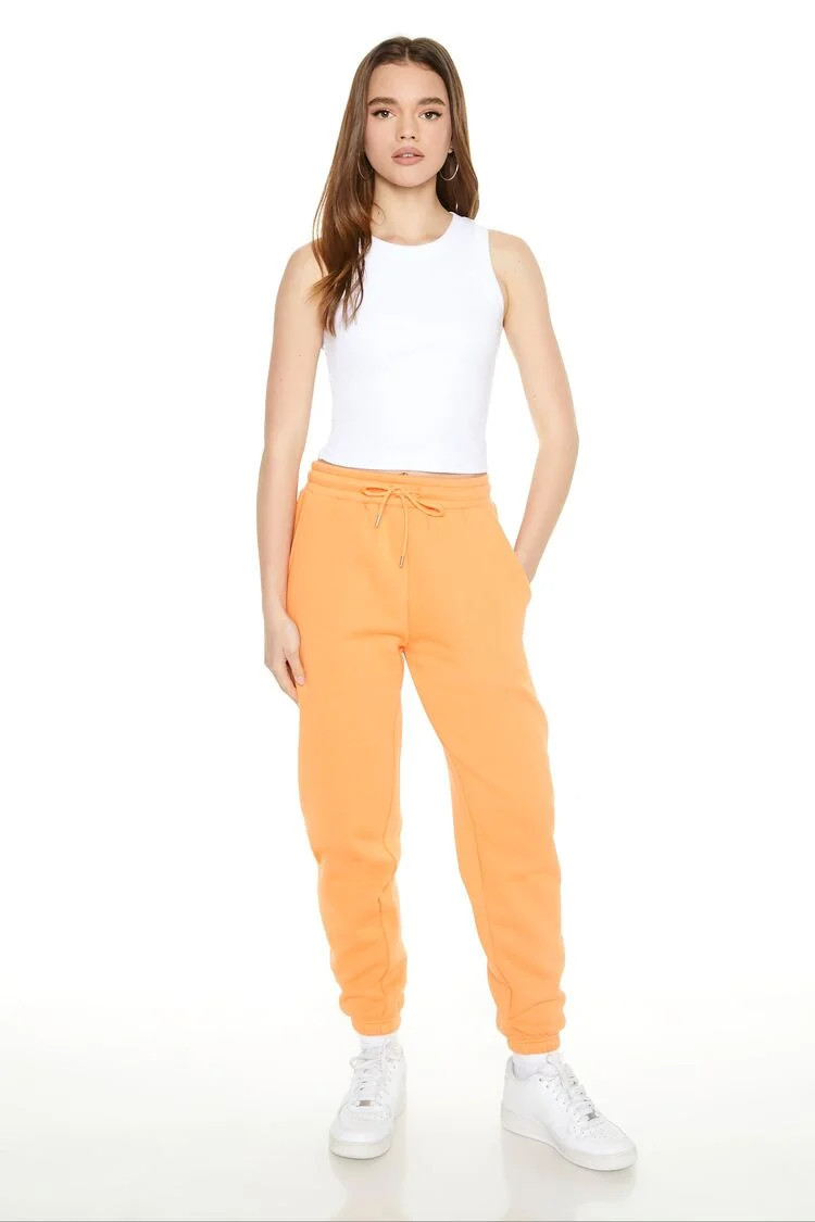 Women's Fleece Drawstring Joggers in Island Mango Large | Forever 21