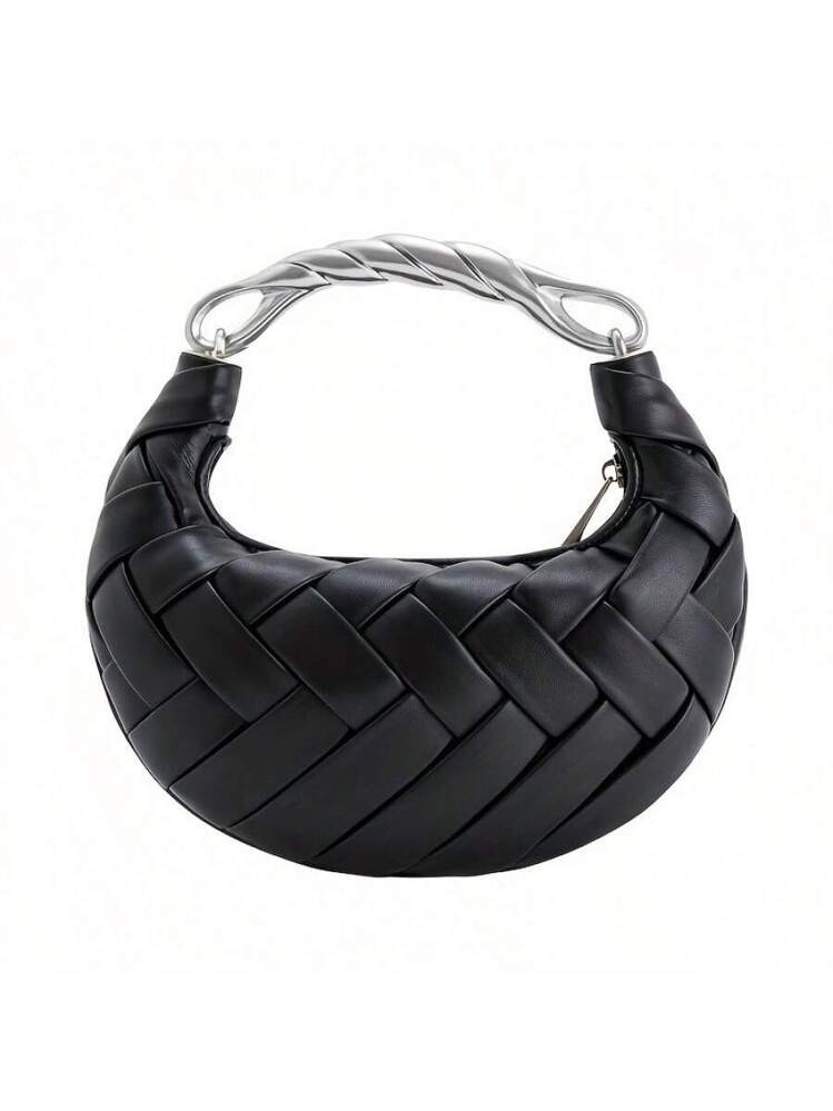 Special-Interest Design Woven Handbag Fashion Solid Color Metal Handle Portable Messenger Bag | SHEIN