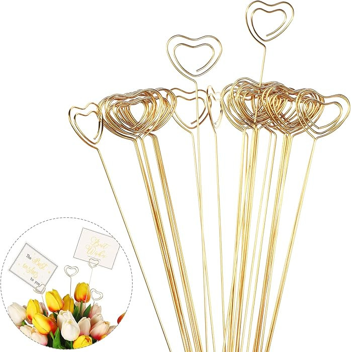 30 Pcs Metal Wire Floral Place Card Holder Pick 12 Inch Gold Photo Clip Card Heart Shape Table Me... | Amazon (US)