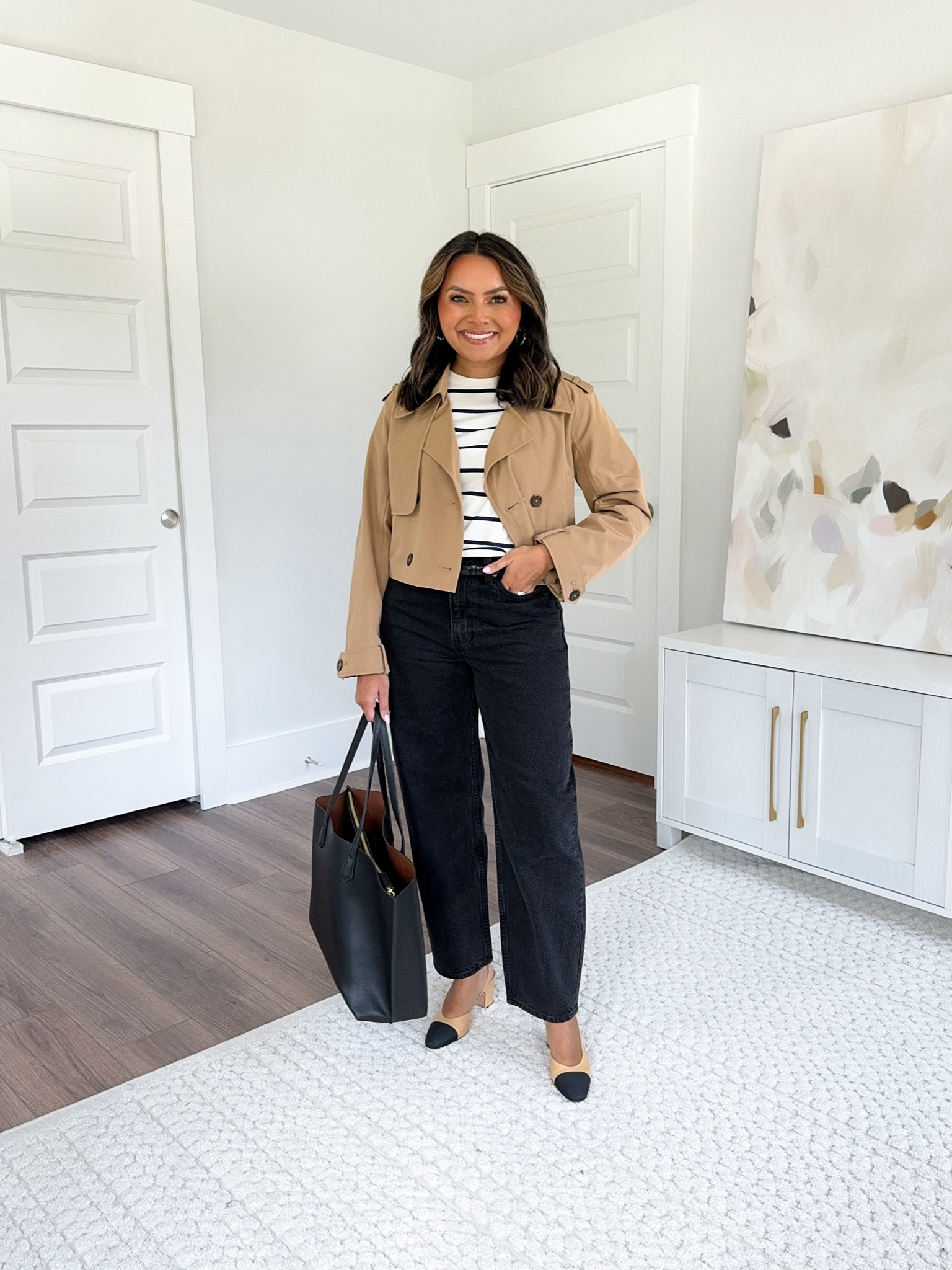 Cropped trench coat jacket size XXS TTS cuffed the sleeves 
Black and white stripe t-shirt size XS petite TTS Black high rise tapper jeans size 26 short TTS
Slingback heels size 35 TTS 

Denim 
Fall Outfits 
Fall style 
Workwear 
Work Outfit 
Office Outfit 

Honey Sweet Petite
Honeysweetpetite 

#LTKWorkwear #LTKBacktoSchool #LTKStyleTip