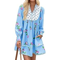 Wenrine Womens Casual Floral Mini Dress 2025 Fall Long Sleeve V Neck Patchwork Loose Boho Shirt D... | Amazon (US)