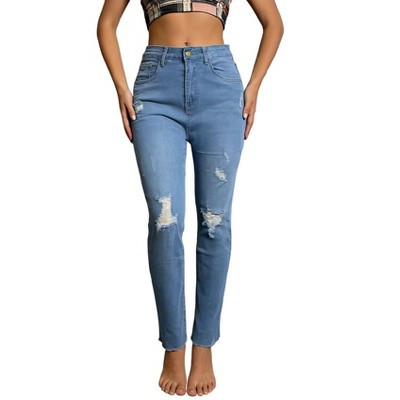 Women High Waisted Distressed Stretch Denim Jeans Skinny Fit Ankle Length Cropped Pants Blue,S | Target