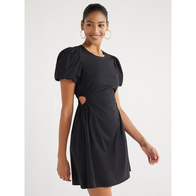 Scoop Women’s Cutout Poplin Dress with Puff Sleeves, Sizes XS-XXL | Walmart (US)
