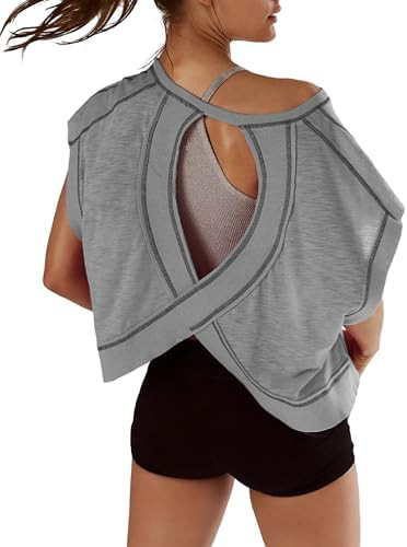 Kumufenc Women Short Sleeve Workout Shirts Open Back Tops Casual Yoga Y2k Athletic Gym Slouchy Cr... | Amazon (US)