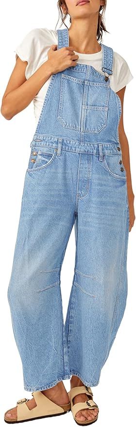 PLNOTME Womens Denim Bib Overalls Barrel Leg Adjustable Strap Jean Pants Jumpsuits with Pockets | Amazon (US)