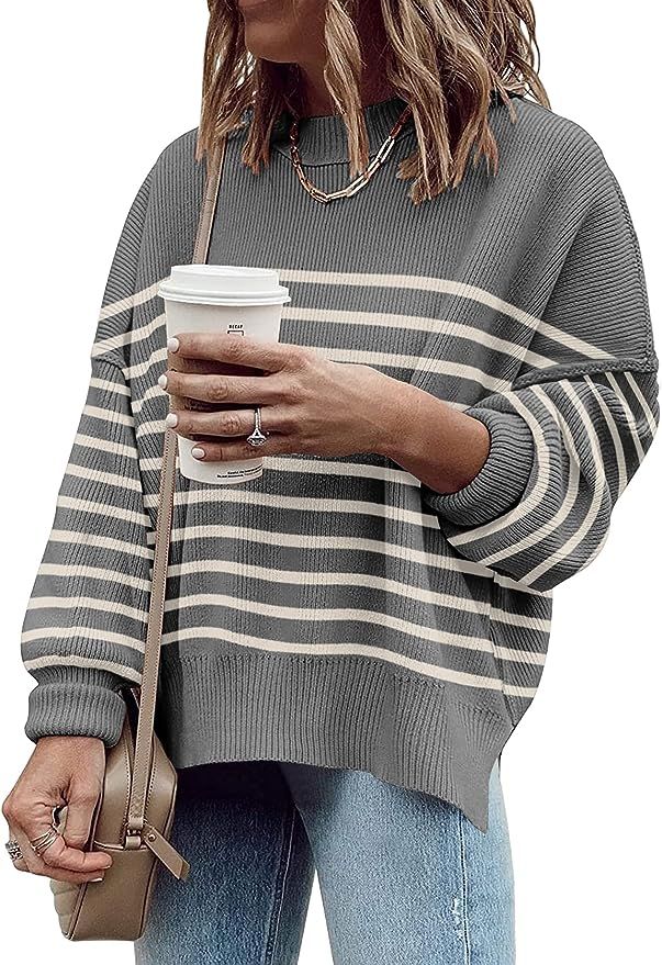 ETCYY Oversized Sweaters for Women Fall 2022 Trendy Crewneck Batwing Long Sleeve Knit Tops Side S... | Amazon (US)