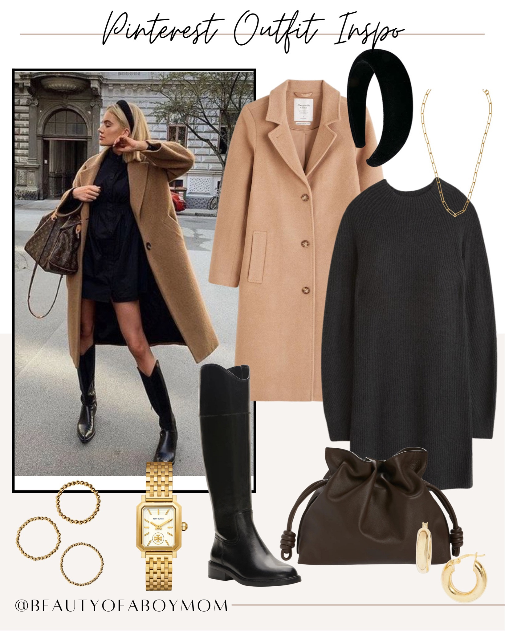 Pinterest outfit inspo - black sweater dress - chic style - boots - gold watch - dad coat 

#LTKshoecrush #LTKstyletip #LTKSeasonal