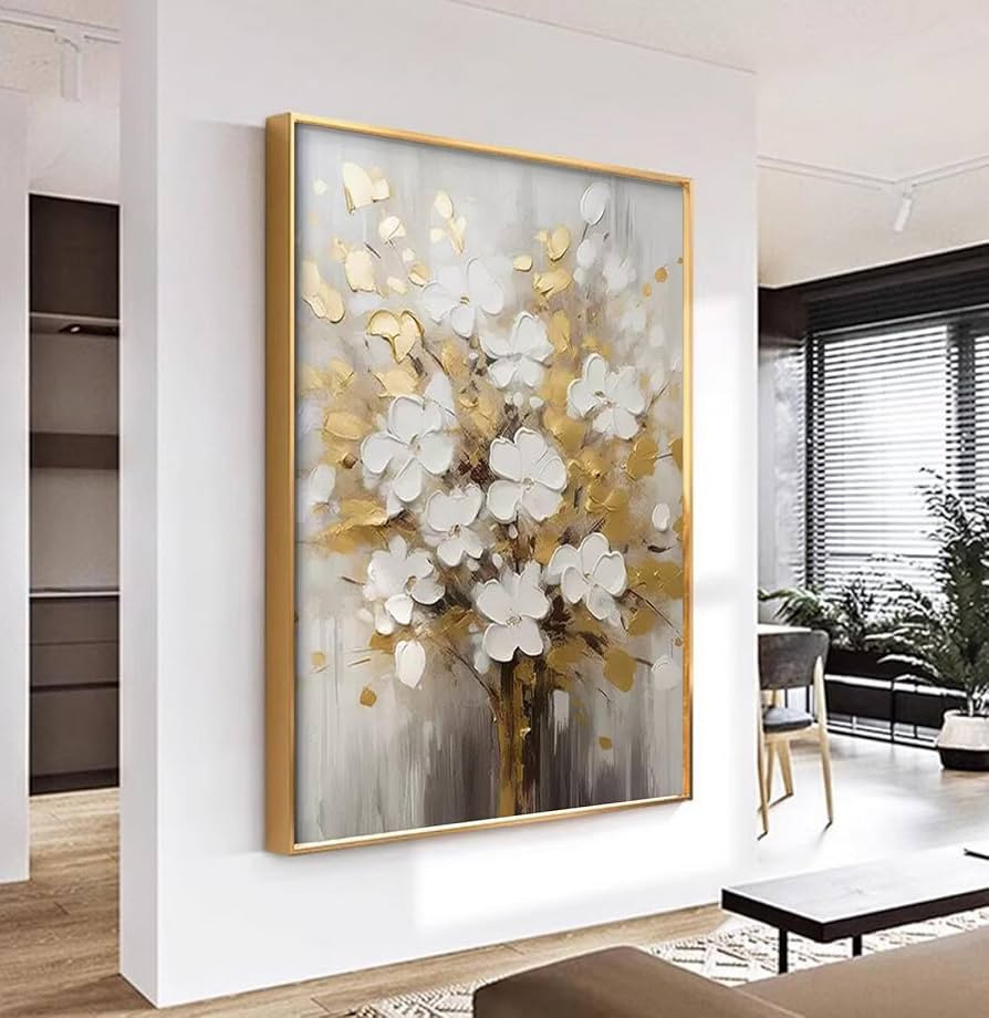 Hand-Painted White and Gold Flowers Painting On Canvas for Living Room,Large 3D Floral Wall Art f... | Amazon (US)