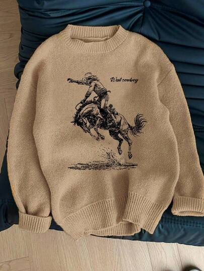 Easelle Vintage Western Style Denim Print Brown Pullover Sweater For Women Going Out Tops For Wom... | SHEIN