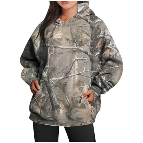 LVOFTJU Womens Oversized Camo Graphic Hoodie Y2k Maple Leaf Print Long Sleeve Preppy Sweatshirts with Pockets Teen Girls,a1-Grey,3X-Large | Amazon (US)