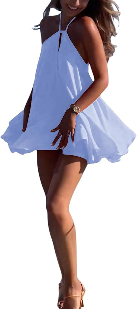 SOLY HUX Women's Mini Dress Halter Neck Sleeveless Tie Backless Swing Flowy Beach Dresses Summer ... | Amazon (US)