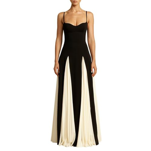 Faretumiya Elegant Spaghetti Strap Evening Gown Dress Sleeveless Color Block Pleated Maxi Dress Flowy Patchwork Swing Long Dresses (Black, L) | Amazon (US)