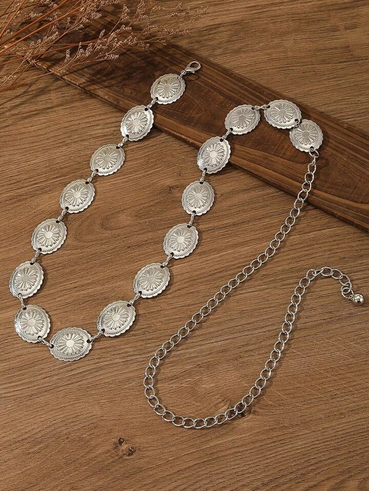 Hershine 1pc Retro Boho Chic Silver Floral Patterned Waist Chain Belt, Versatile For Dresses, Pants, Jeans, Suitable For Daily, Party, Vacation, Gift For Friends, Mothers, Girlfriends, Birthday, Valentine's Day (Available In Plus Size)Summer Fall, Autumn, Halloween | SHEIN