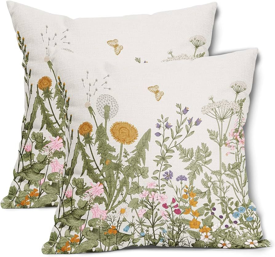 Spring Summer Pillow Covers 18X18 Inch Sage Green Leaves Plant Couch Pillow Cases Yellow Butterfl... | Amazon (US)