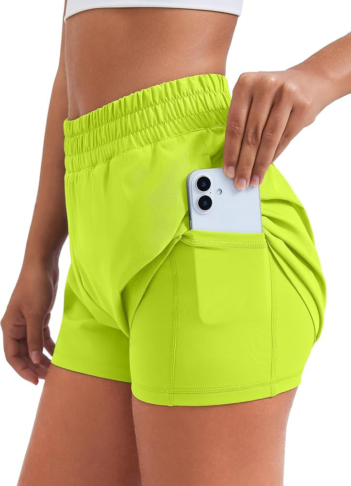 PINSPARK Women's 2 in 1 Running Shorts Quick Dry 3" Athletic Shorts High Waisted Workout Shorts w... | Amazon (US)