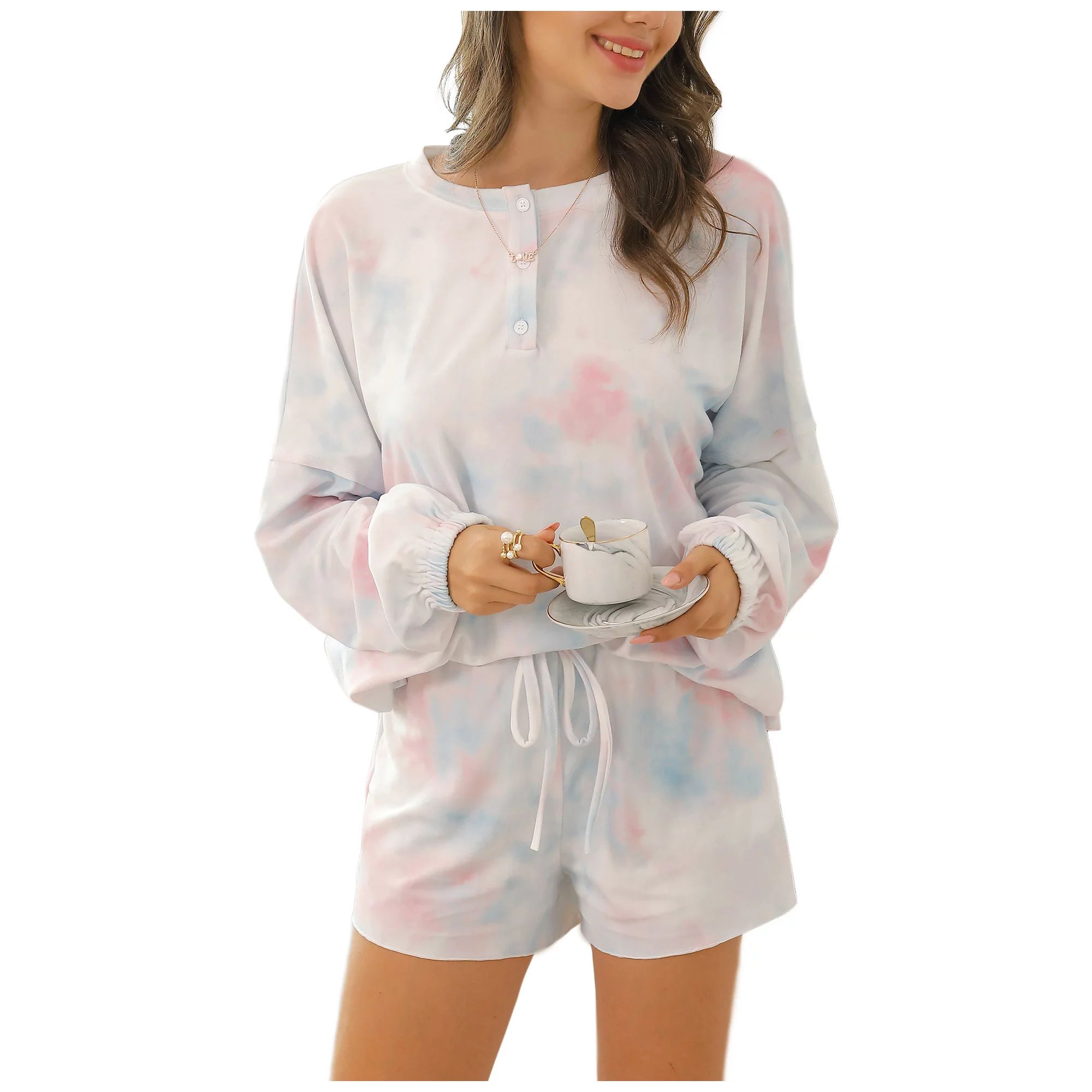 Ever-Pretty Women's Tie Dye Printed Button Down Long Sleeve 2 Piece Short Activewear Lounge Set N... | Walmart (US)