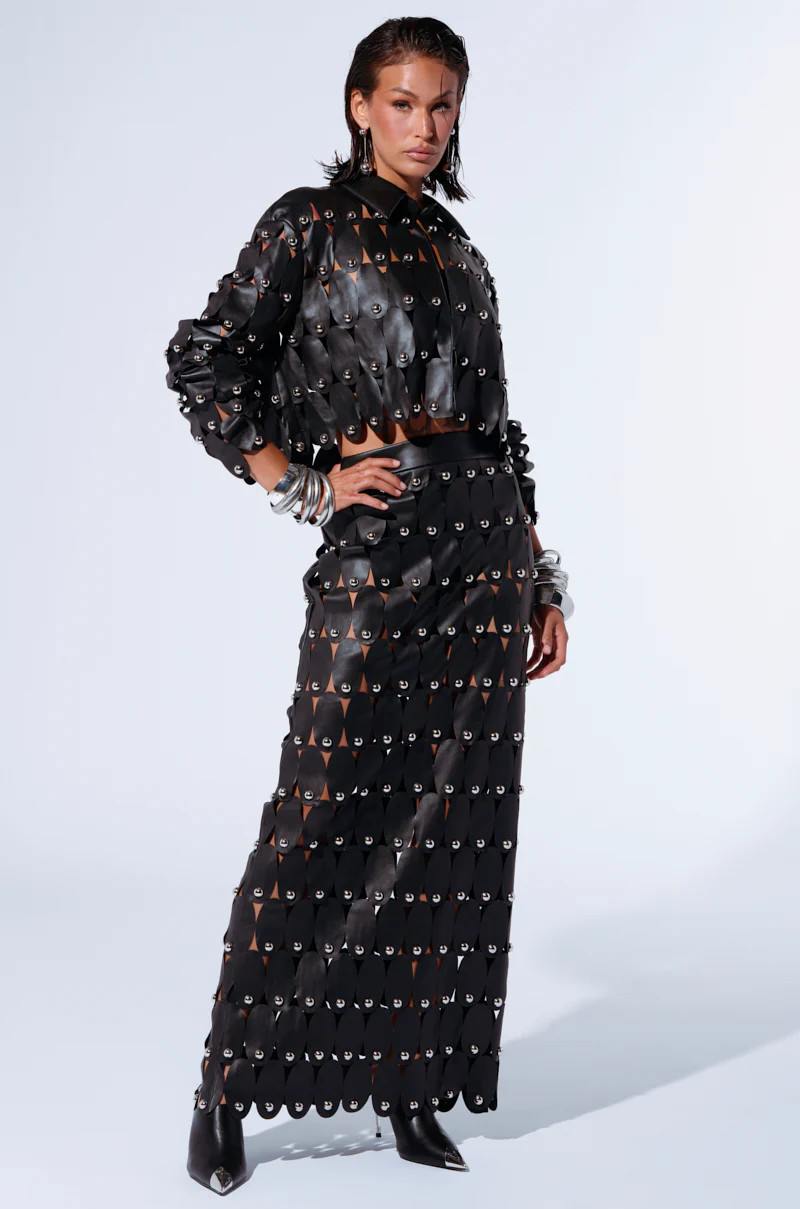 THE SNEAK PEEK STUDDED PU MIDI SKIRT IN BLACK | AKIRA