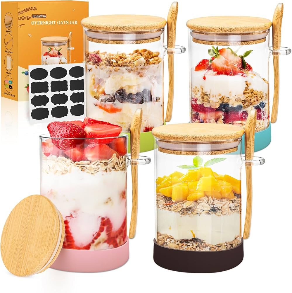4 Packs Overnight Oats Containers with Lids, 17 Oz Oats Overnight Glass Jar with Bamboo Spoon, La... | Amazon (US)
