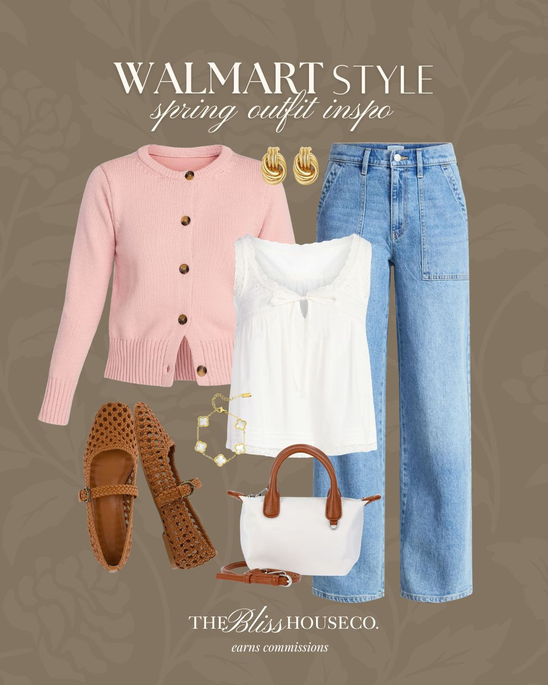 Soft spring layers made simple. 🤍 Pink cardigan, feminine white blouse, high-rise wide leg jeans for an easy, polished look. Finished with woven flats and classic gold accessories. All affordable Walmart finds that look elevated.

Walmart fashion, walmart spring outfit, affordable outfit idea, pink cardigan outfit, white blouse outfit, wide leg jeans, casual chic style, woven flats, gold statement earrings, everyday spring look, budget friendly fashion, classic feminine style. 

 #LTKootd #LTKSeasonal
