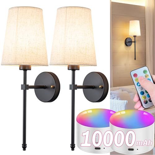 Battery Operated Wall Sconce Set Of Two with Remote Control, Indoor Not Hardwired Dimmable Battery Operated Wall Sconce Light Fixture with Fabric Linen Shade For Bedroom Living Room, Bulb Included ( C | Amazon (US)