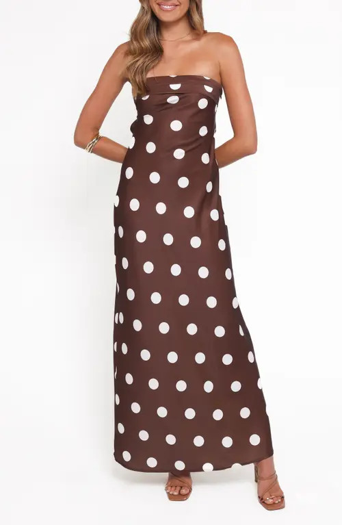 Petal & Pup Remmie Cutout Strapless Maxi Dress in Brown Polka Dot at Nordstrom, Size Large | Nordstrom