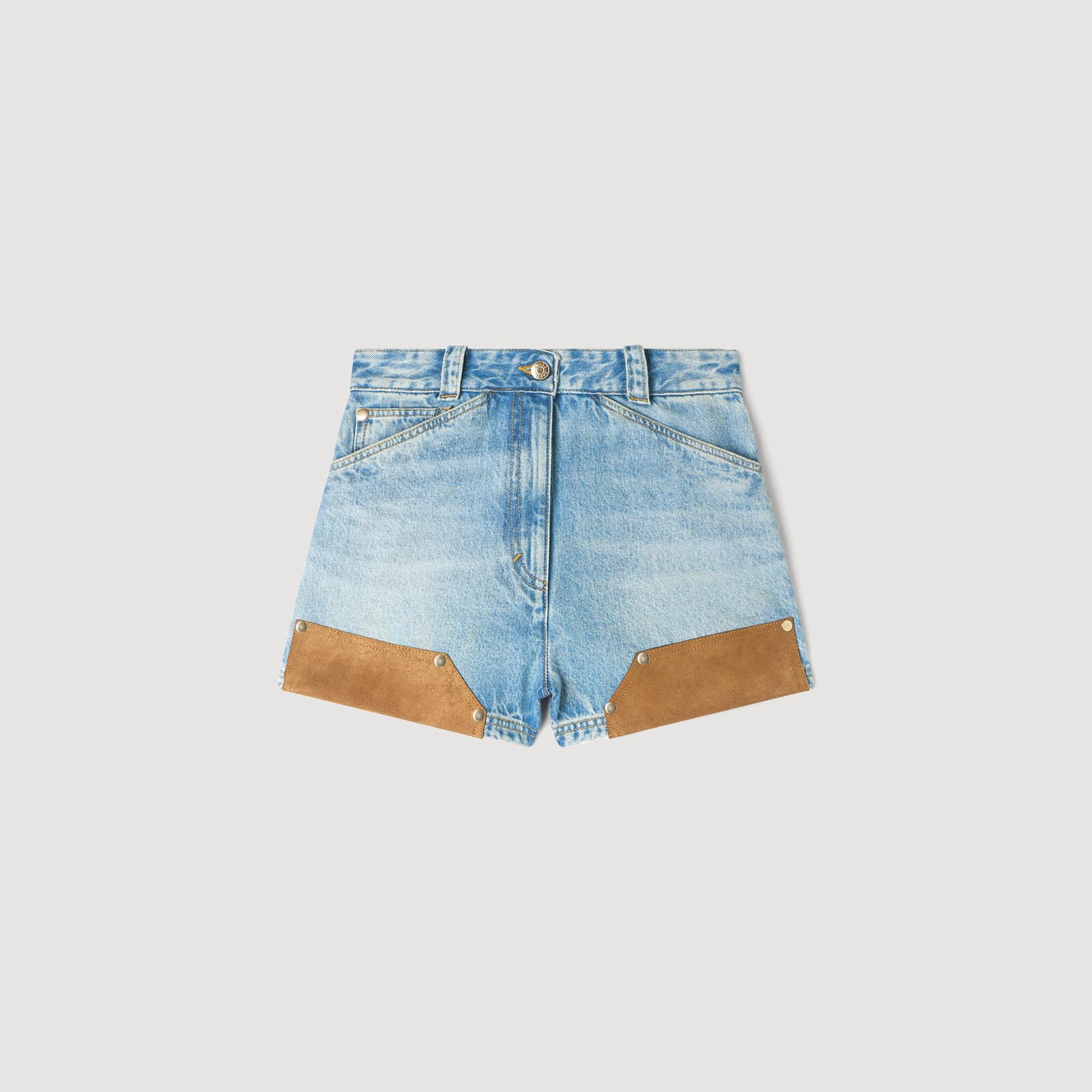 Riveted denim and suede shorts | Sandro US | Sandro-Paris US