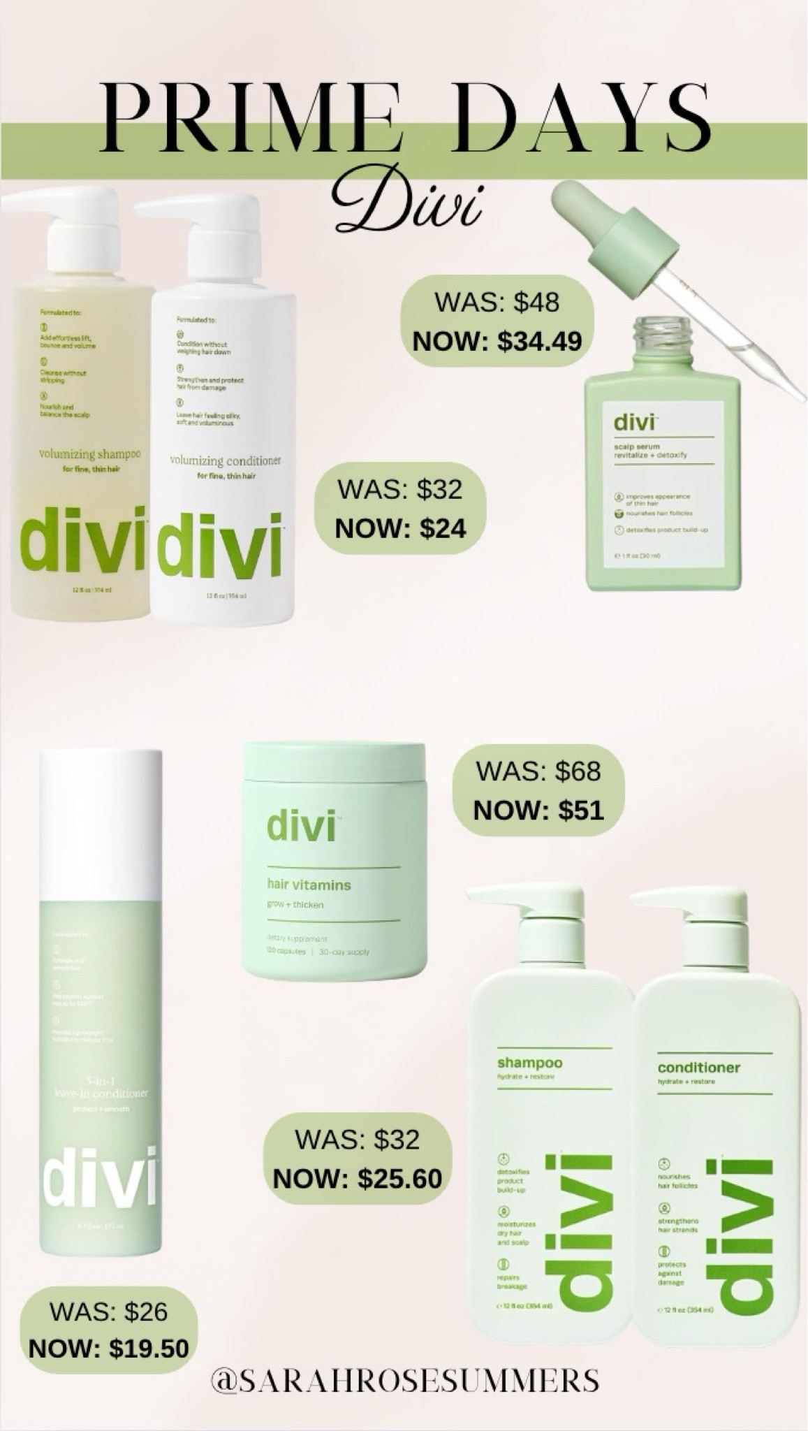 Amazon Prime Day! Divi on sale. Divi scalp serum. Divi hair vitamins. Divi Shampoo and Divi Conditioner. Divi 3 in 1 leave in conditioner. Use code DANIPRIME for additional 10% off

#LTKStyleTip #LTKSaleAlert #LTKBeauty