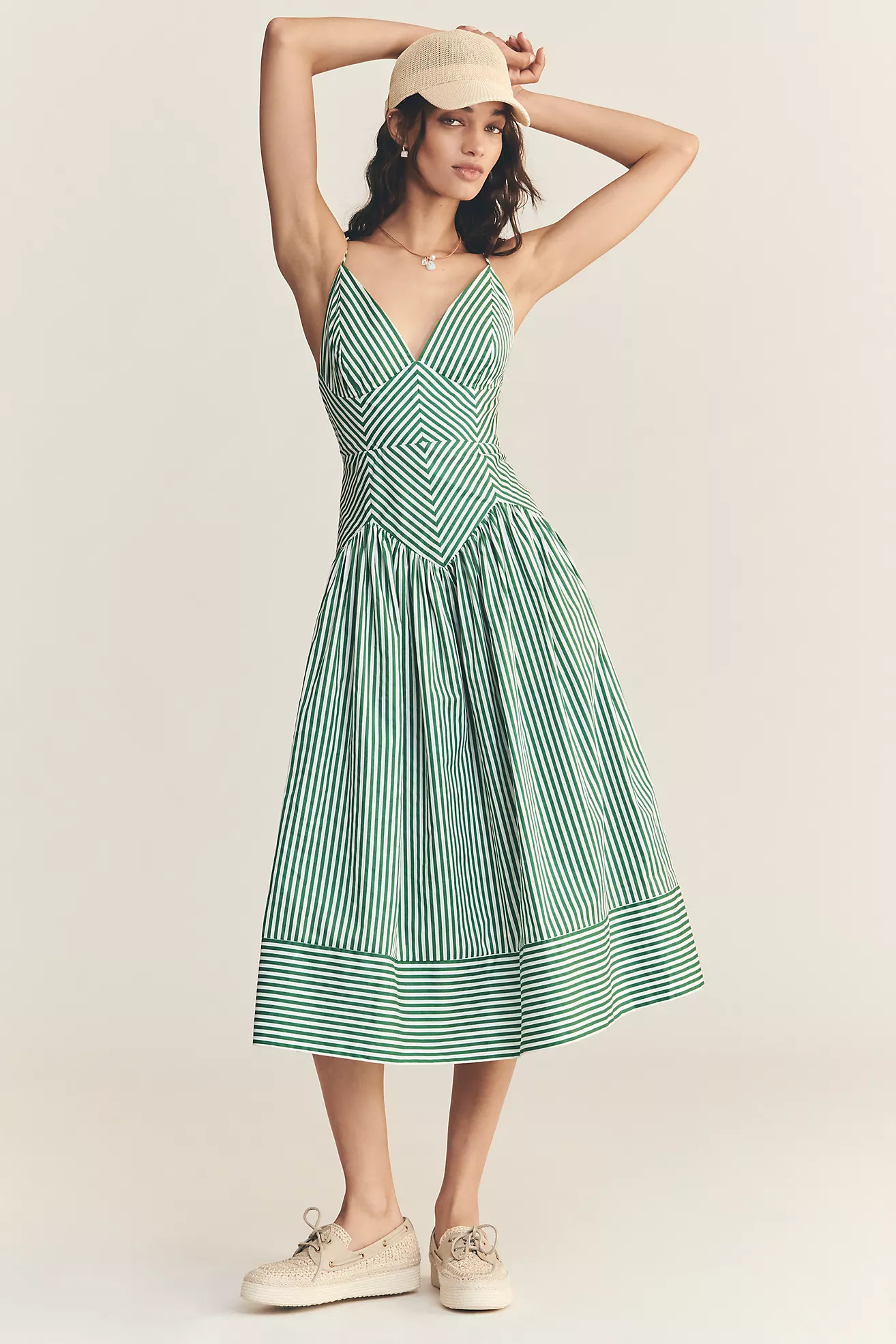 Farm Rio Stripe Cotton Sleeveless V-Neck Drop-Waist Midi Dress | Anthropologie (US)