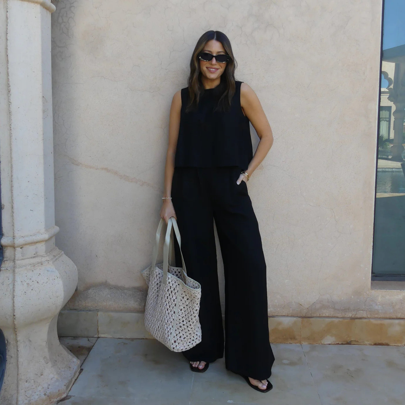 LINEN BLEND WIDE LEG TROUSERS - BLACK | WAT The Brand