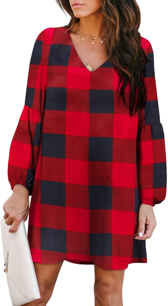 BELONGSCI Women's Dress Sweet & Cute V-Neck Sexy Long Sleeve Shift Dress Mini Dress | Amazon (US)