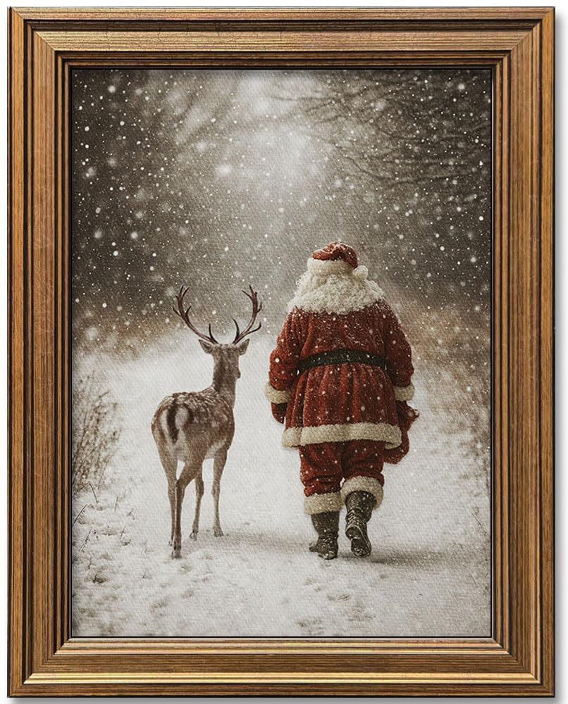 Hamduker Santa Claus Reindeer Art Decor,Winter Santa and Reindeer Canvas Wall Art Vintage Christm... | Amazon (US)
