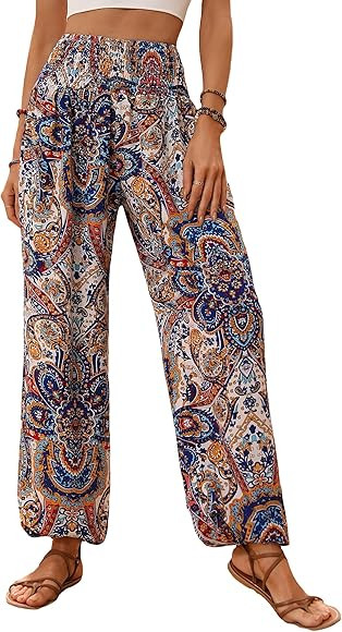 Women's Paisley Print Shirred Elastic Waist Jogger Pants Boho Vacation Trousers | Amazon (US)