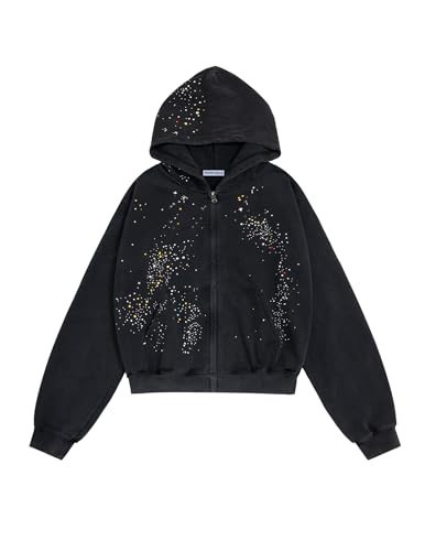 Aelfric Eden Star Rhinestone Zip Up Hoodies Womens Mens Casual Hooded Jackets Unisex Loose Crystal Y2K Pocket Sweatshirts Black XL | Amazon (US)