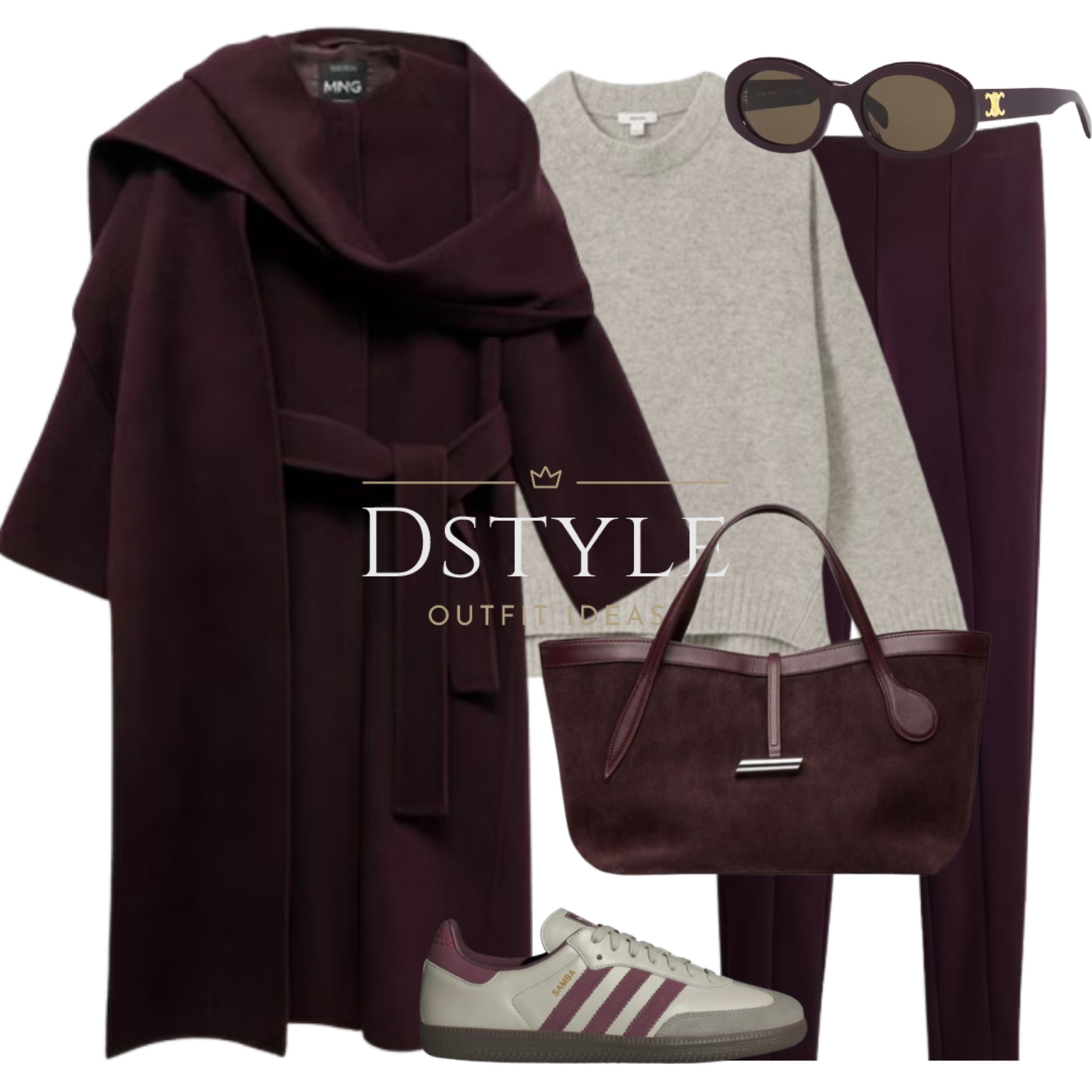 Maroon wool coat with detachable scarf, grey wool-cashmere sweater/jumper, dark purple zip-hem heavy jersey leggings, matching suede tote bag, Adidas Samba grey/maroon

#LTKItBag #LTKWorkwear #LTKShoeCrush