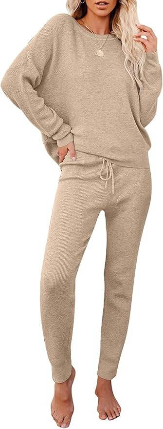 luvamia Women's Casual Pajamas Sets Long Sleeve Tops and Pants Knitted Pjs Loungewear | Amazon (US)