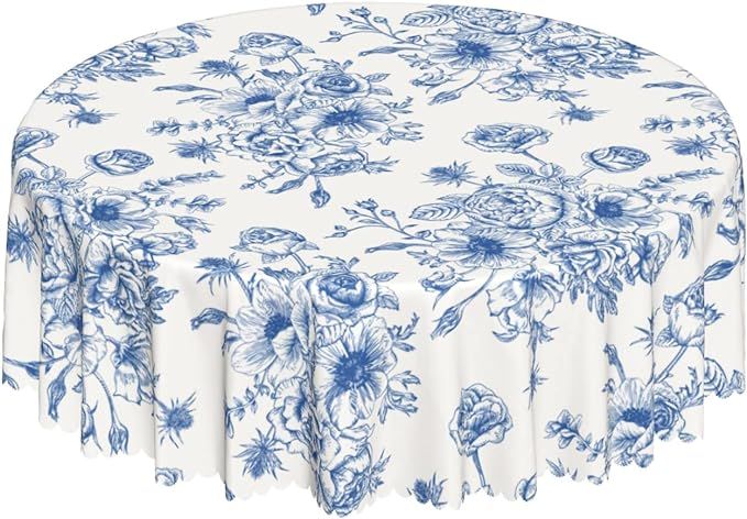 Blue and White Floral Round Tablecloth 60 Inch, Elegant Rustic Vintage Flower Tablecloths Stain R... | Amazon (US)