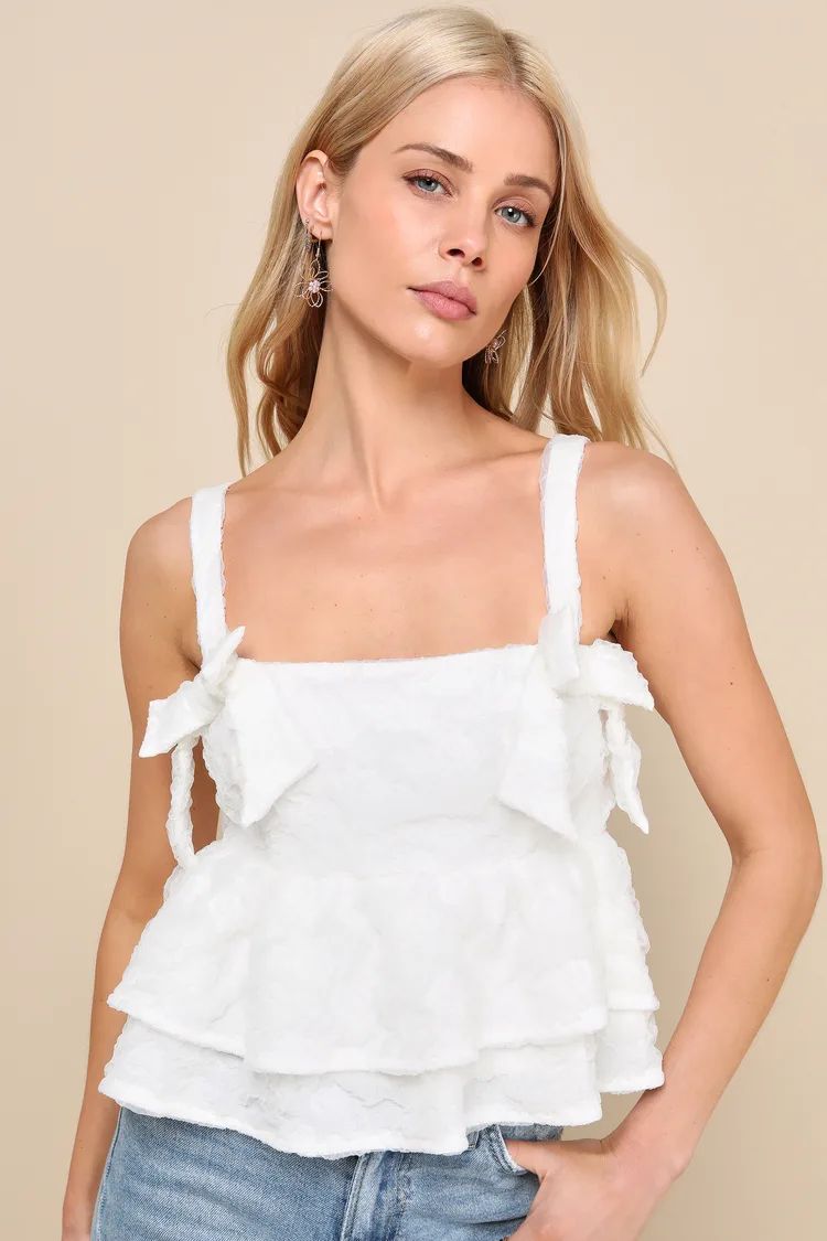 Luxe Charisma White Textured Tiered Cropped Sleeveless Bow Top | Lulus