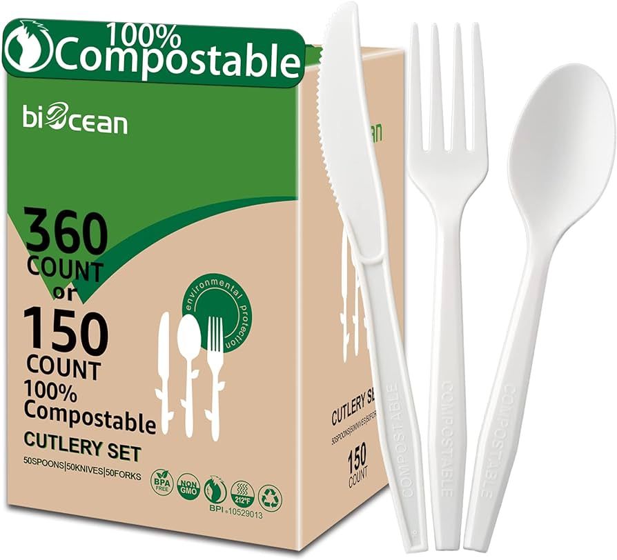 BIOCEAN 100% Compostable No Plastic Knives Forks Spoons Utensils, The Heavyweight Heavy Duty Flat... | Amazon (US)