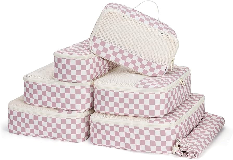 Narwey 7 Set Checkered Packing Cubes for Travel Carry on Suitcase Luggage Organizer Bags for Kids... | Amazon (US)