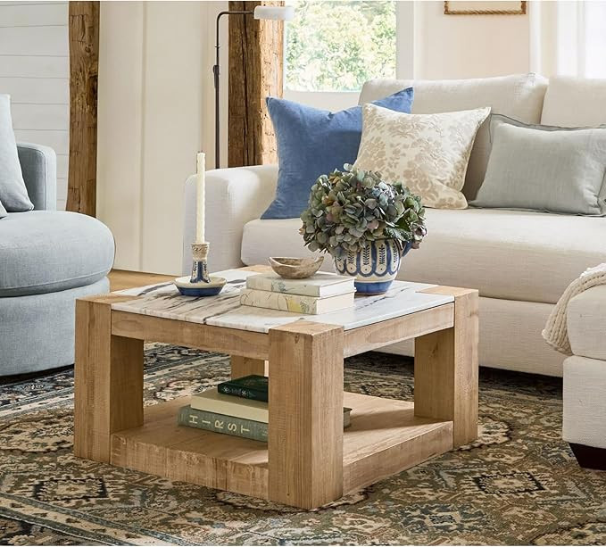 30" Square Coffee Table with Marble Top, Pine Wood Frame, Open Shelf, Pale Sand | Amazon (US)