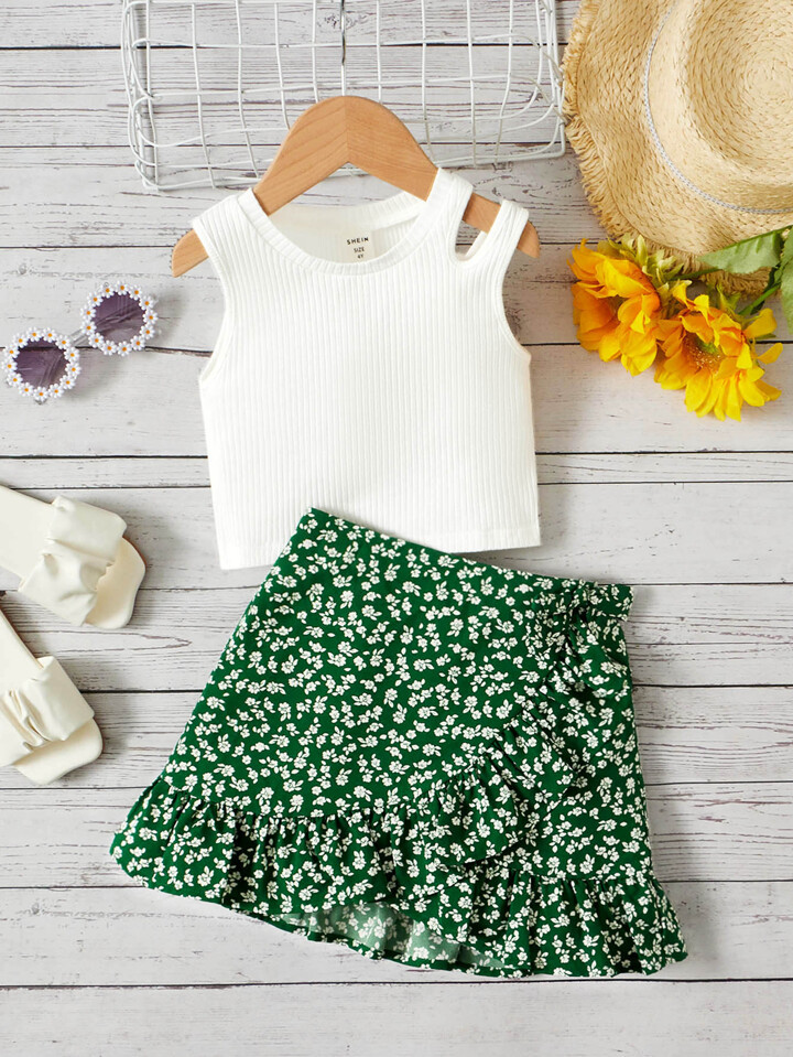 SHEIN Kids SUNSHNE Young Girl Cut Out Tank Top & Ditsy Floral Print Ruffle Hem Skirt | SHEIN